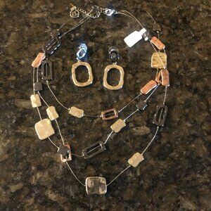 Erica Lyons 3 Strand Necklace Earring Set Copper Black Silver Colors